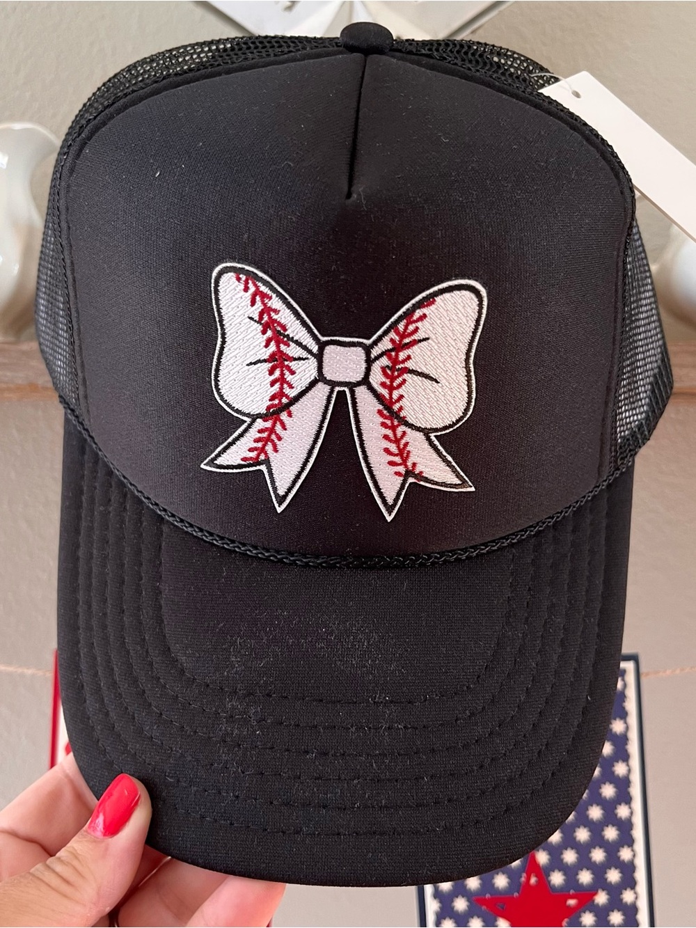 Black Trucker Hat with Baseball-Stitch Bow Patch